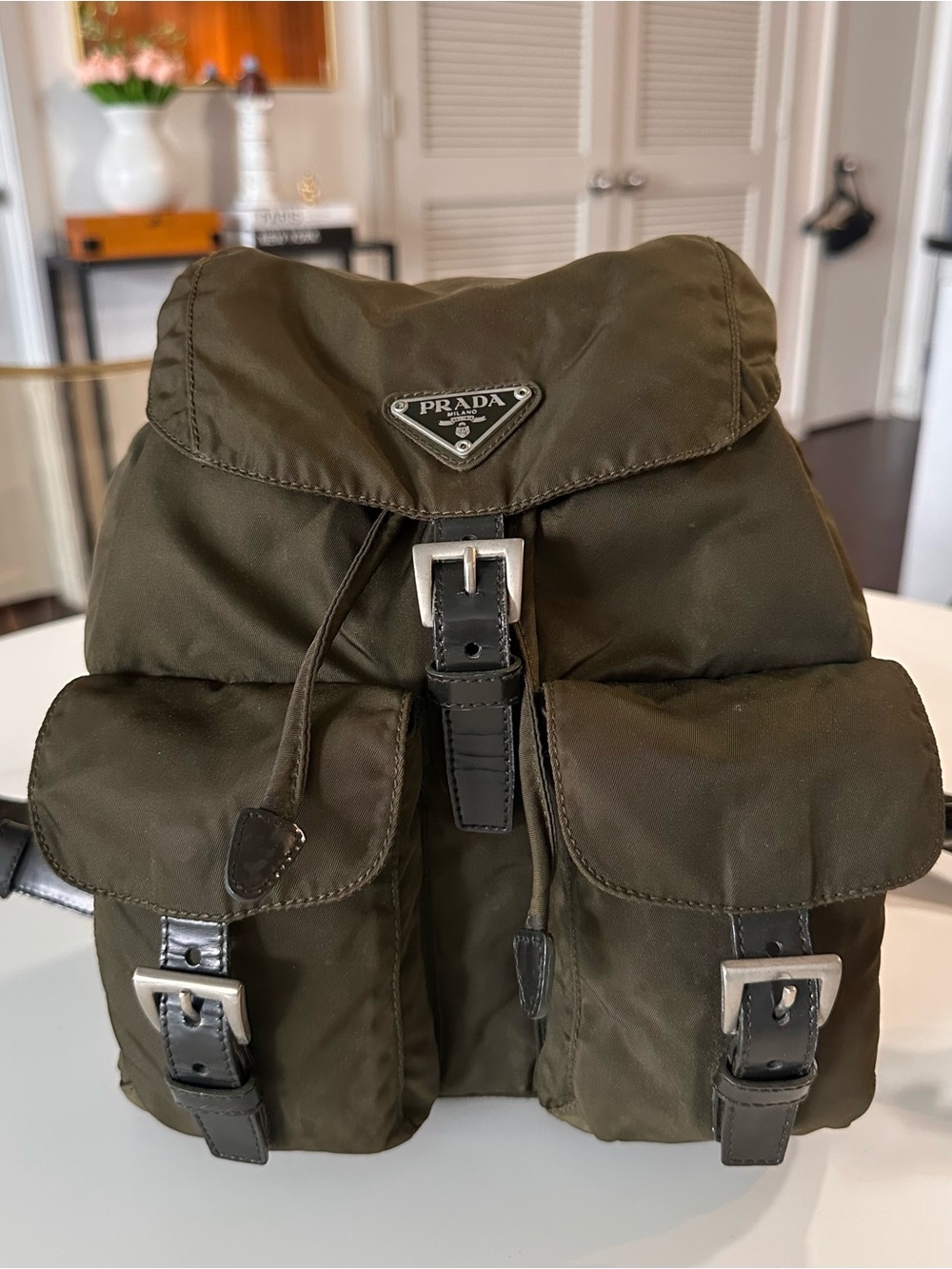Prada Olive Nylon Backpack with Black Leather Trim